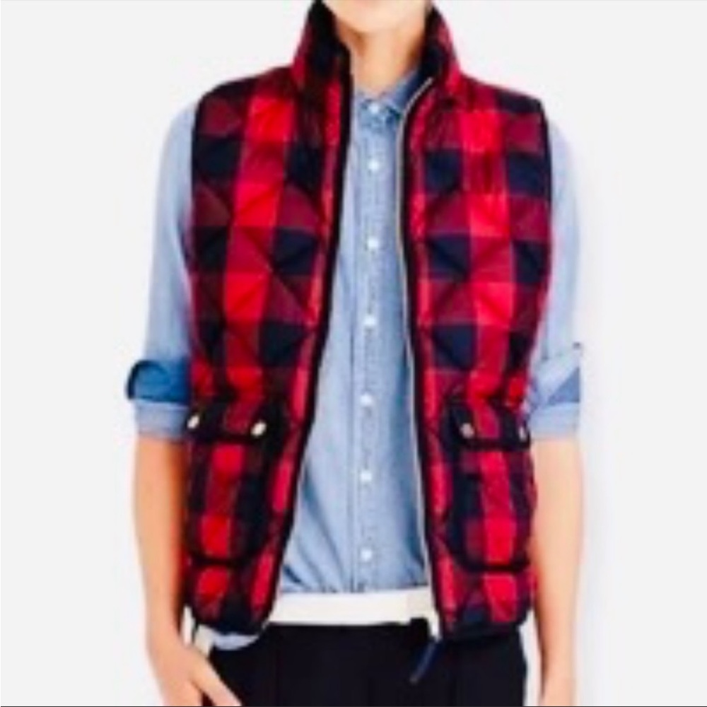 J. Crew Red and Black Plaid Quilted Vest